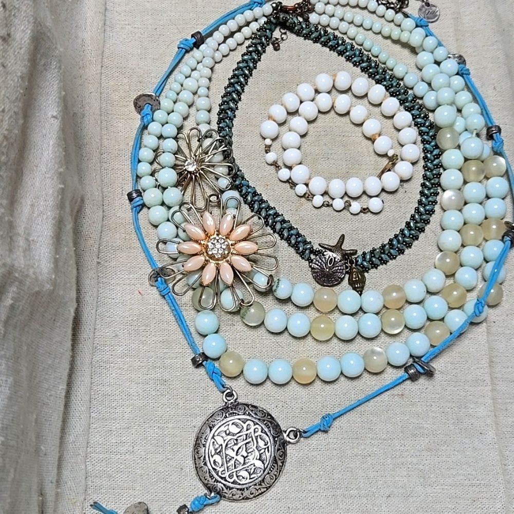 Vintage MCM Retro Pastel Blue Moonglow Boho Beaded Necklace Lot 4P